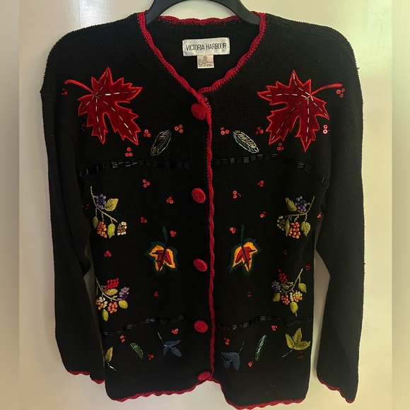 Sweaters - Cottagecore Victoria Harbour Crochet Embroidered Fall Leaves Sweater Cardigan S